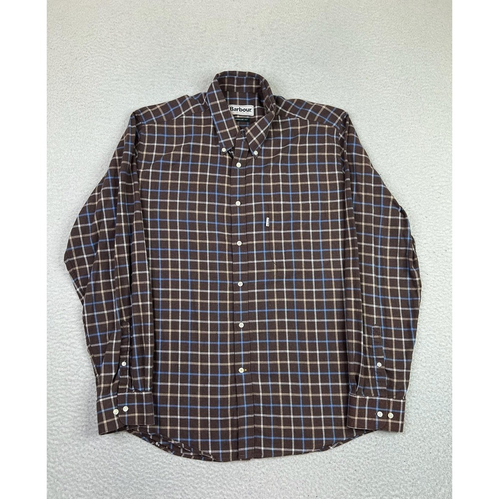 Barbour Shirt Mens Medium Brown Plaid Flannel Long Sleeve Button Up Casual